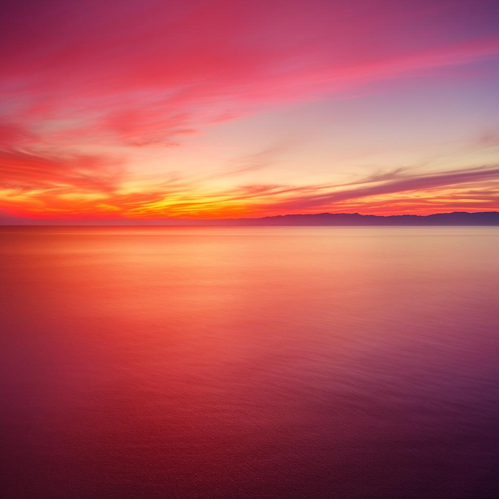 Generate an image of a picturesque sunset over the ocean, with vibrant pink and orange hues infused in the sky and reflecting on the calm waves.