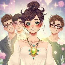 A cute woman with a magical necklace around her neck, radiating charm and grace