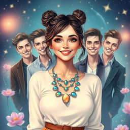 A cute woman with a magical necklace around her neck, radiating charm and grace