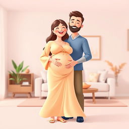 A vibrant 3D vector illustration depicting a joyful pregnant woman and her husband, celebrating their journey into parenthood