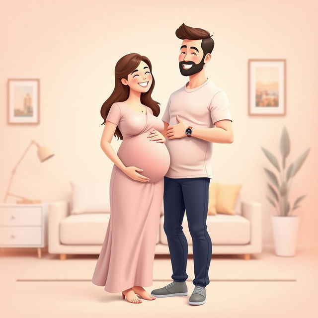 A vibrant 3D vector illustration depicting a joyful pregnant woman and her husband, celebrating their journey into parenthood