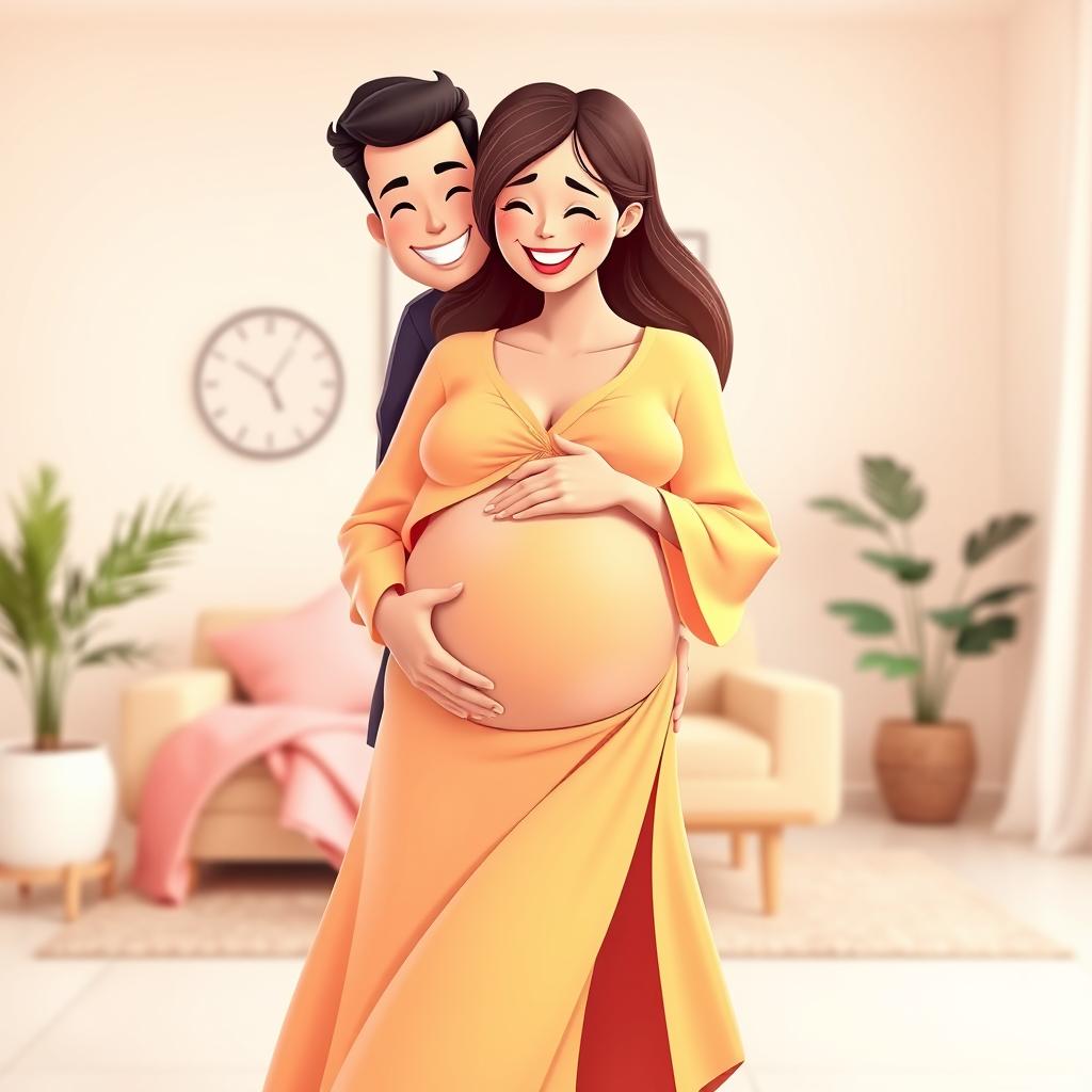 A vibrant 3D vector illustration depicting a joyful pregnant woman and her husband, celebrating their journey into parenthood