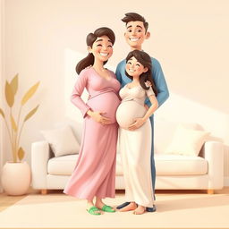 A vibrant 3D vector illustration depicting a joyful pregnant woman and her husband, celebrating their journey into parenthood