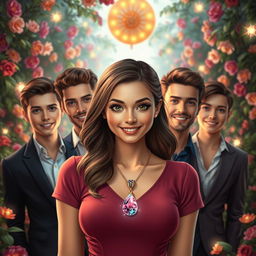 An original and charming depiction of a cute woman wearing a magical necklace around her neck, looking delightful and enchanting