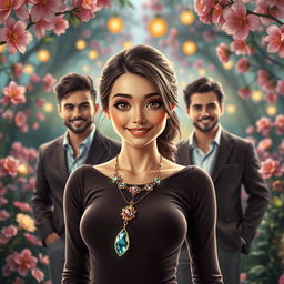 An original and charming depiction of a cute woman wearing a magical necklace around her neck, looking delightful and enchanting