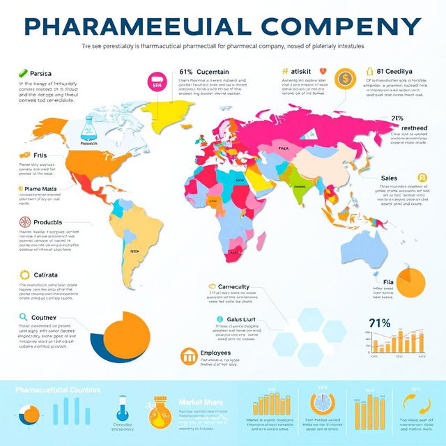 A detailed and visually striking infographic showcasing the global presence of a pharmaceutical company