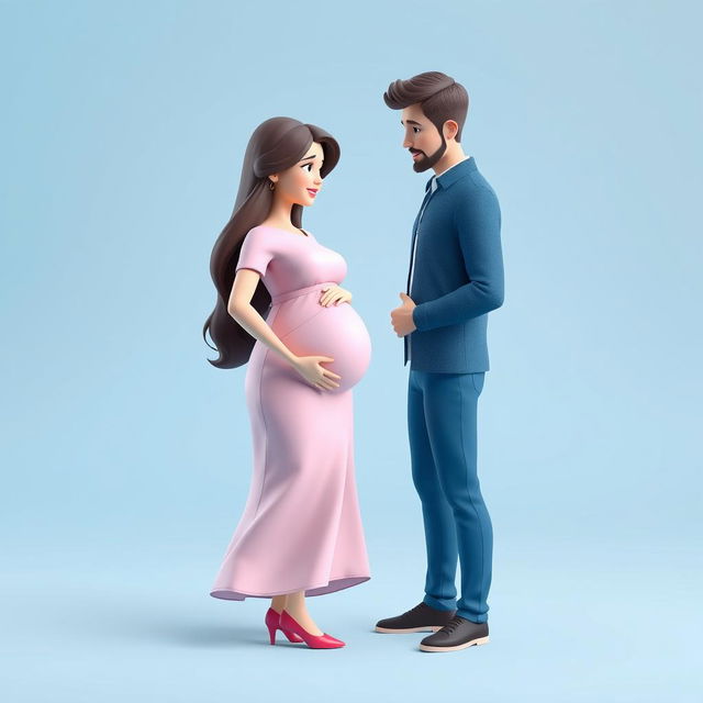 A charming 3D illustration featuring a pregnant woman and her husband, set against a soft blue and pink gradient background, symbolizing love and anticipation for their baby