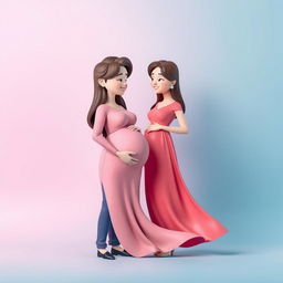 A charming 3D illustration featuring a pregnant woman and her husband, set against a soft blue and pink gradient background, symbolizing love and anticipation for their baby