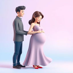 A charming 3D illustration featuring a pregnant woman and her husband, set against a soft blue and pink gradient background, symbolizing love and anticipation for their baby