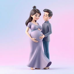 A charming 3D illustration featuring a pregnant woman and her husband, set against a soft blue and pink gradient background, symbolizing love and anticipation for their baby