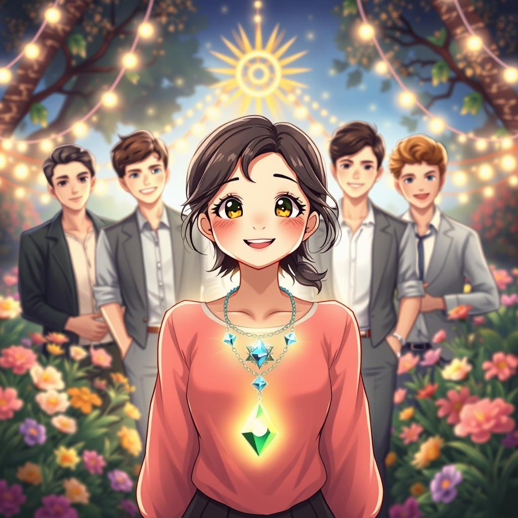 An original illustration of a cute woman wearing a magical necklace around her neck, radiating charm and playfulness