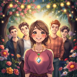 An original illustration of a cute woman wearing a magical necklace around her neck, radiating charm and playfulness