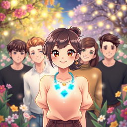 An original illustration of a cute woman wearing a magical necklace around her neck, radiating charm and playfulness