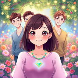 An original illustration of a cute woman wearing a magical necklace around her neck, radiating charm and playfulness