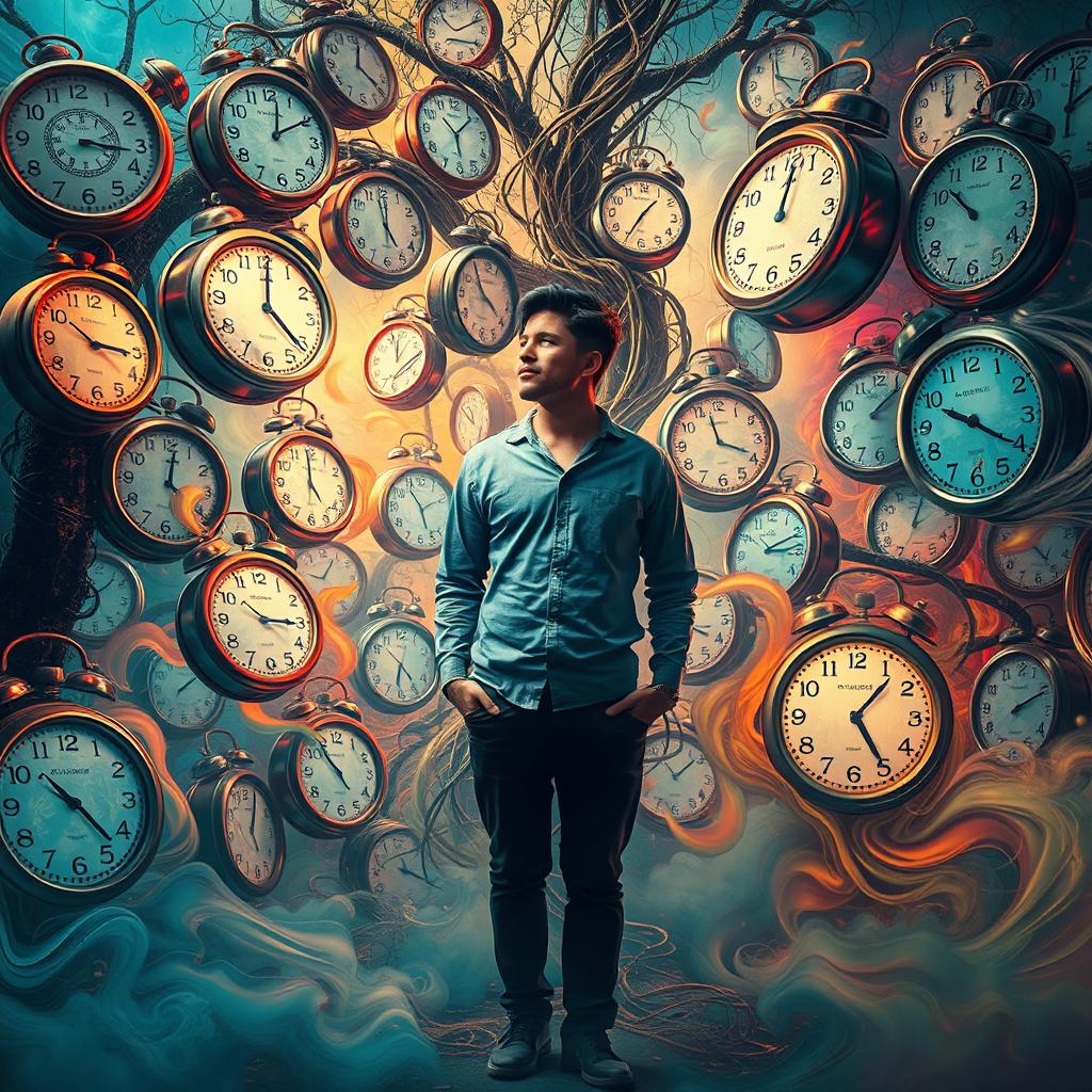 A surreal scene featuring an individual surrounded by chaotic time clocks, each displaying different times, melting and distorting in a vibrant, dreamlike environment