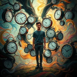 A surreal scene featuring an individual surrounded by chaotic time clocks, each displaying different times, melting and distorting in a vibrant, dreamlike environment