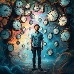 A surreal scene featuring an individual surrounded by chaotic time clocks, each displaying different times, melting and distorting in a vibrant, dreamlike environment