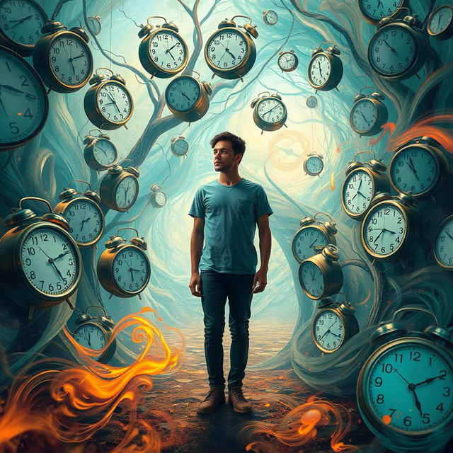 A surreal scene featuring an individual surrounded by chaotic time clocks, each displaying different times, melting and distorting in a vibrant, dreamlike environment