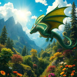 An intricate fantasy scene featuring a majestic dragon soaring through a beautifully detailed landscape