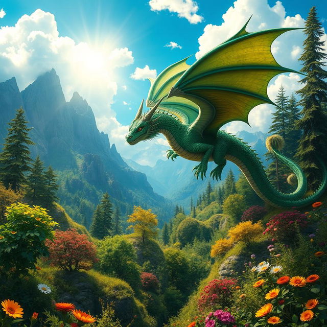 An intricate fantasy scene featuring a majestic dragon soaring through a beautifully detailed landscape