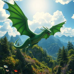 An intricate fantasy scene featuring a majestic dragon soaring through a beautifully detailed landscape