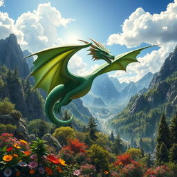 An intricate fantasy scene featuring a majestic dragon soaring through a beautifully detailed landscape