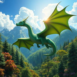 An intricate fantasy scene featuring a majestic dragon soaring through a beautifully detailed landscape