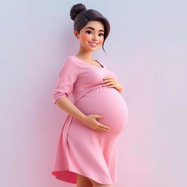 A delightful 3D illustration showcasing a pregnant woman against a soft, soothing blue and pink background