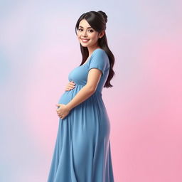 A delightful 3D illustration showcasing a pregnant woman against a soft, soothing blue and pink background