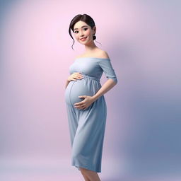 A delightful 3D illustration showcasing a pregnant woman against a soft, soothing blue and pink background
