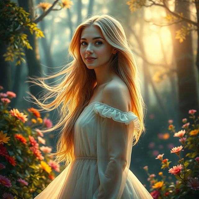 A stunning portrait of a beautiful young woman with flowing golden hair, wearing a graceful flowing gown that shimmers in the light