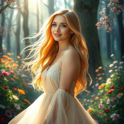 A stunning portrait of a beautiful young woman with flowing golden hair, wearing a graceful flowing gown that shimmers in the light