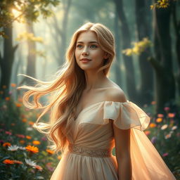 A stunning portrait of a beautiful young woman with flowing golden hair, wearing a graceful flowing gown that shimmers in the light