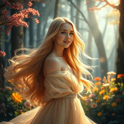 A stunning portrait of a beautiful young woman with flowing golden hair, wearing a graceful flowing gown that shimmers in the light