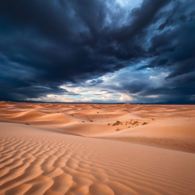 A vast desert landscape, with rolling sand dunes and sparse vegetation beneath a dramatic dark sky filled with swirling clouds and hints of distant storms