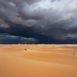 A vast desert landscape, with rolling sand dunes and sparse vegetation beneath a dramatic dark sky filled with swirling clouds and hints of distant storms