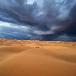 A vast desert landscape, with rolling sand dunes and sparse vegetation beneath a dramatic dark sky filled with swirling clouds and hints of distant storms