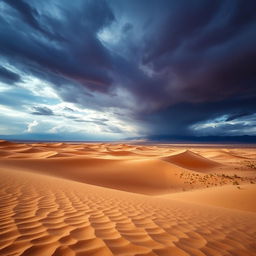 A vast desert landscape, with rolling sand dunes and sparse vegetation beneath a dramatic dark sky filled with swirling clouds and hints of distant storms