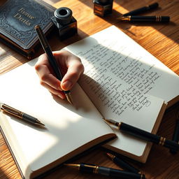 A close-up view of a hand elegantly writing in an open book