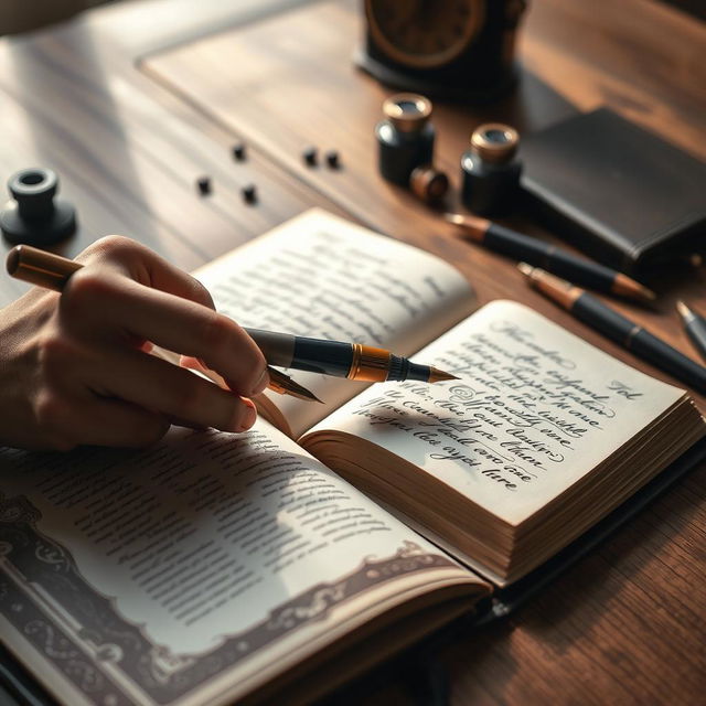 A close-up view of a hand elegantly writing in an open book