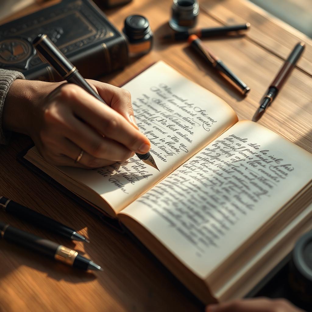 A close-up view of a hand elegantly writing in an open book