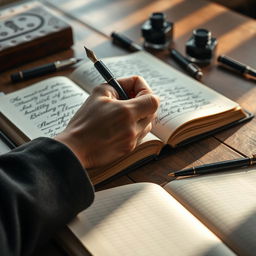 A close-up view of a hand elegantly writing in an open book