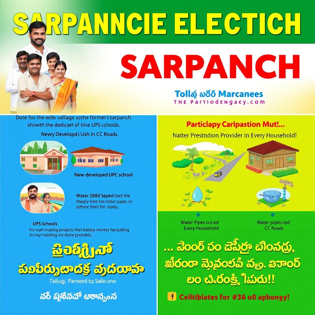 A colorful and vibrant poster promoting participation in the sarpanch elections, featuring a group of dedicated individuals involved in the electoral campaign