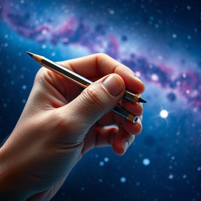 A close-up shot of a human hand holding a pencil, set against a backdrop of sparkling cosmic space, evoking the feeling of a vacuum