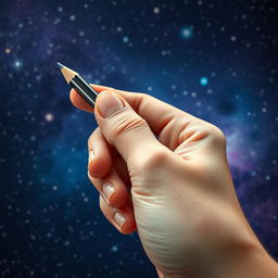 A close-up shot of a human hand holding a pencil, set against a backdrop of sparkling cosmic space, evoking the feeling of a vacuum