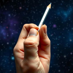 A close-up shot of a human hand holding a pencil, set against a backdrop of sparkling cosmic space, evoking the feeling of a vacuum