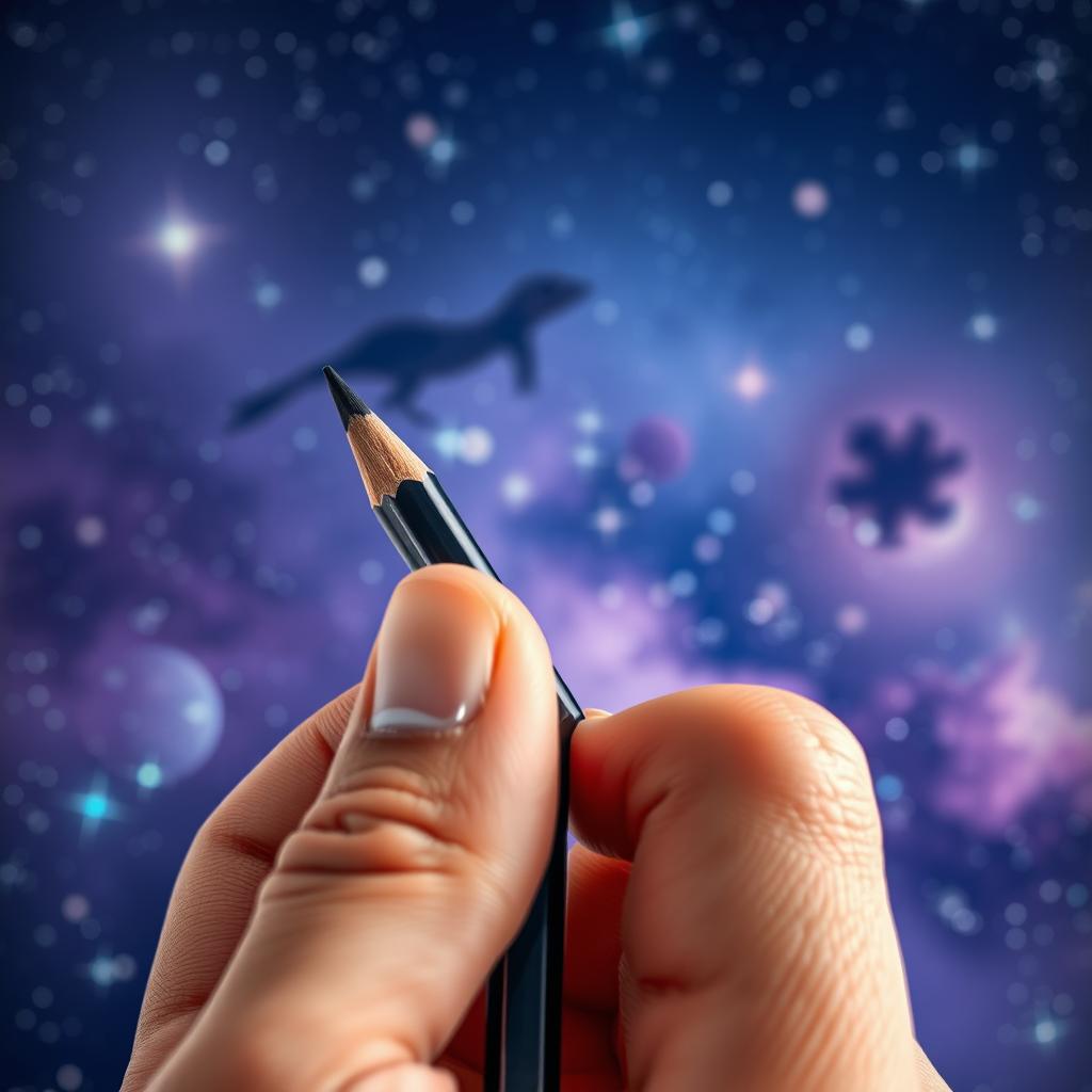 A close-up shot of a human hand holding a pencil, set against a backdrop of sparkling cosmic space, evoking the feeling of a vacuum