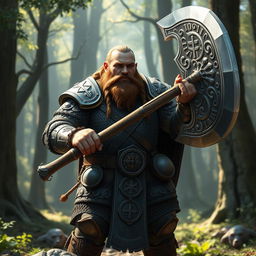 A male dwarf paladin standing confidently, wielding a massive greataxe with intricate engravings