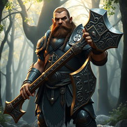 A male dwarf paladin standing confidently, wielding a massive greataxe with intricate engravings