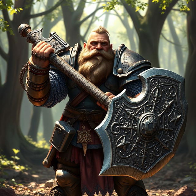 A male dwarf paladin standing confidently, wielding a massive greataxe with intricate engravings